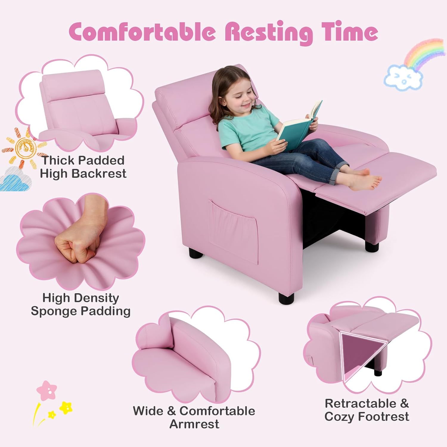Costzon Kids Recliner, Adjustable PU Leather Lounge Chair w/Side Pockets, Footrest, Headrest for Kids Room&Play Room, Easy to Clean, Padded Pink Recliner Sofa for Children Boys Girls Aged 3-12 (Pink)