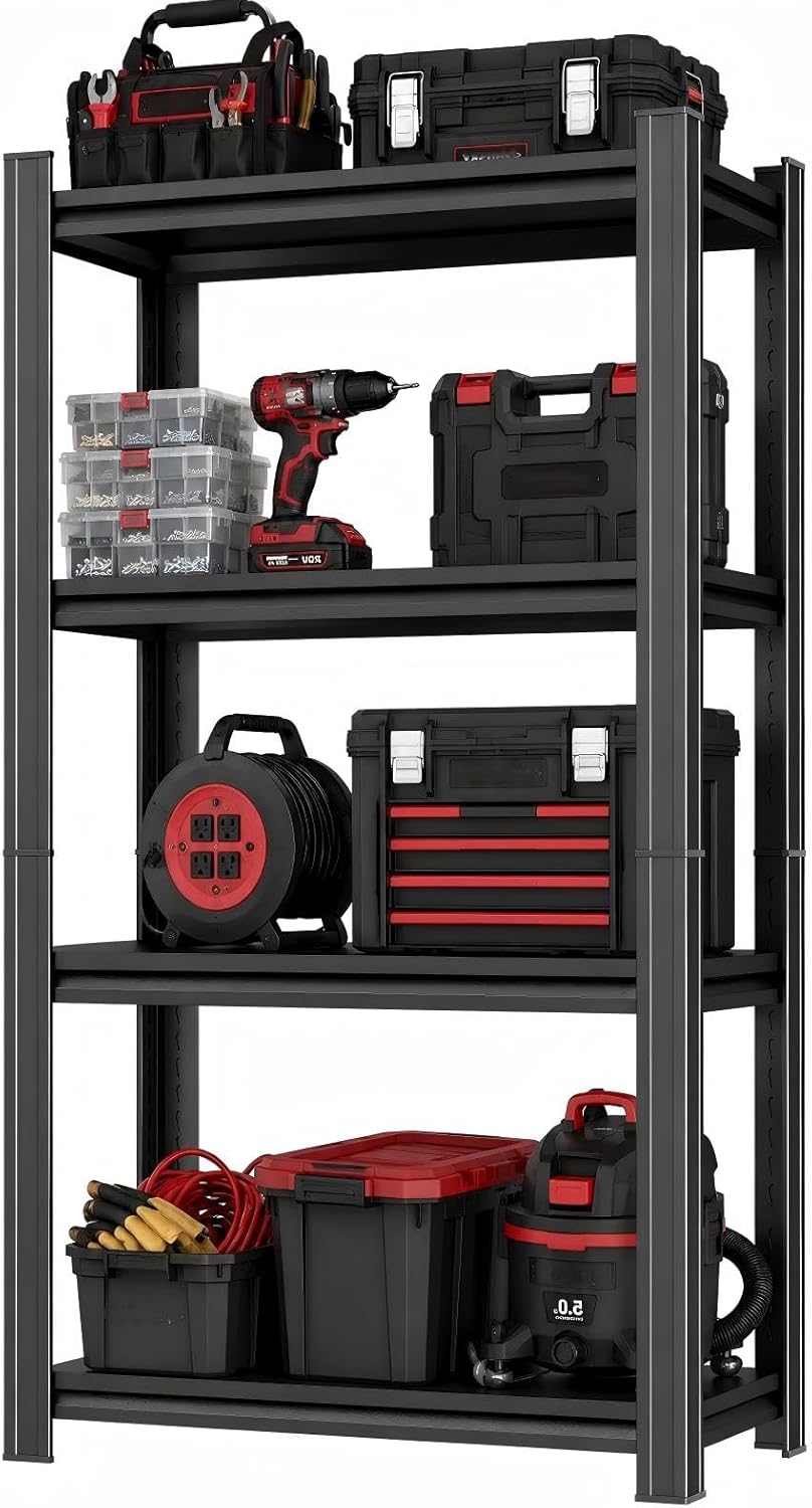 24 Inch Wide Shelf, 4-Tier Heavy Duty Storage Shelving Unit Metal Organizer Rack 2000 lbs Capacity for Garage, Home, Kitchen, Office, Black (11.8" D x 23.6" W x 53.4" H)