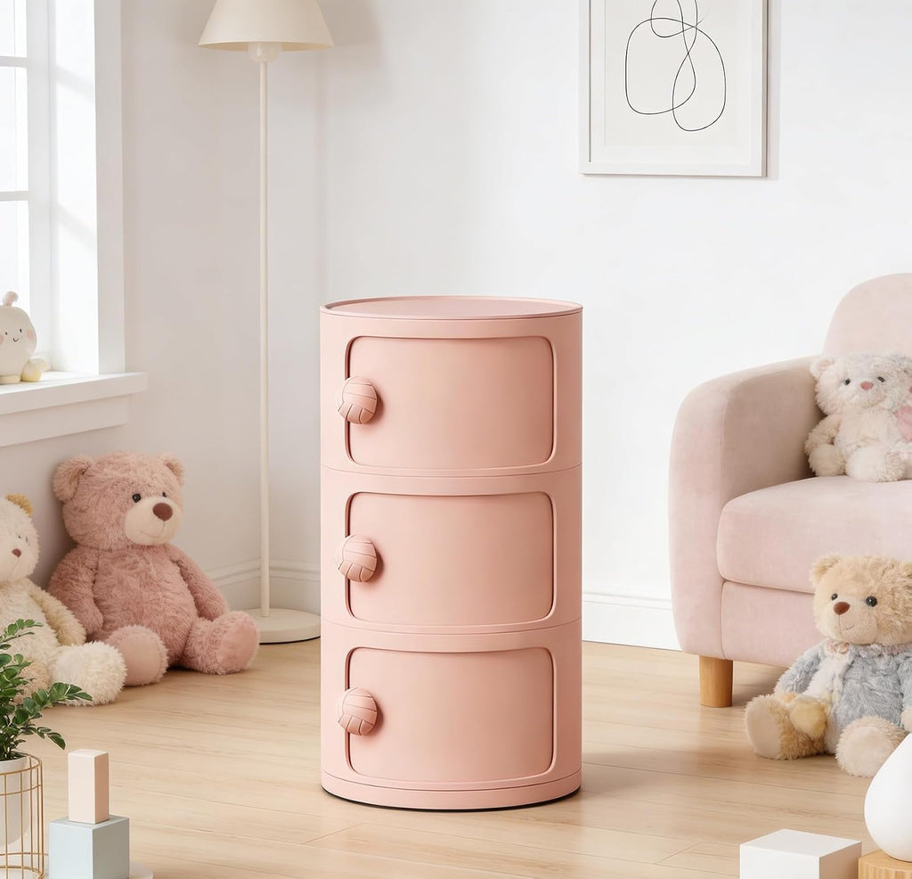 3 Tier Round Nightstand with Drawers, Plastic Pink Nightstand Modern Round Bedside Table with Handles and Sliding Door for Bedroom, Living Room
