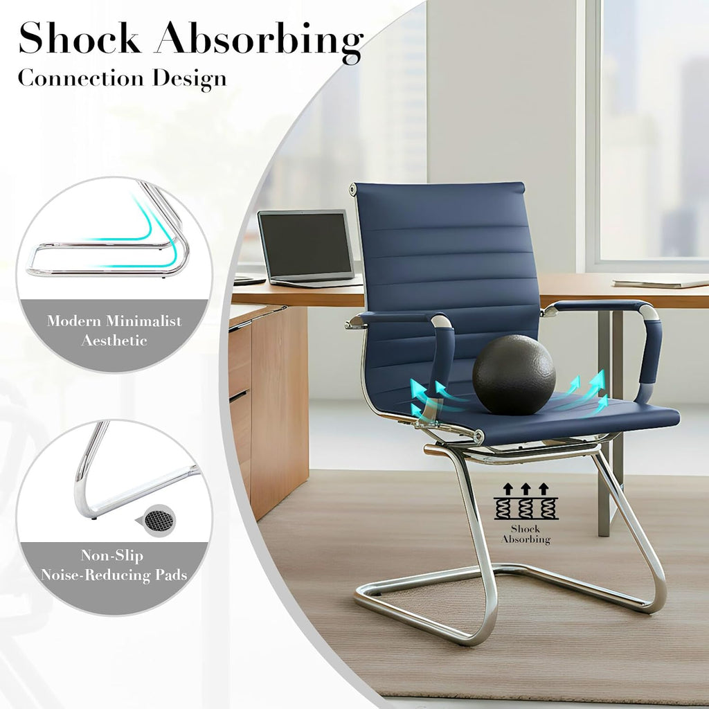 CIMOTA Waiting Room Chairs Leather Office Guest Chair Mid Back Reception Chairs with Sled Base for Meeting/Patient/Conference Room, Navy Set of 2