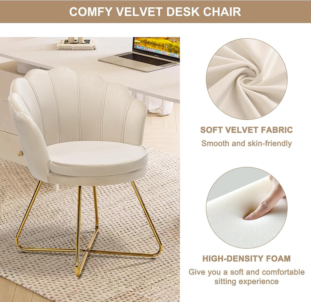 Furnimart Accent Chairs Set of 2 for Living Room, Shell Vanity Chair with Back, Criss Cross Chair with Gold Legs, Side Chair for Bedroom, Makeup Room, Desk Chair no Wheels, Velvet Khaki 2PCS