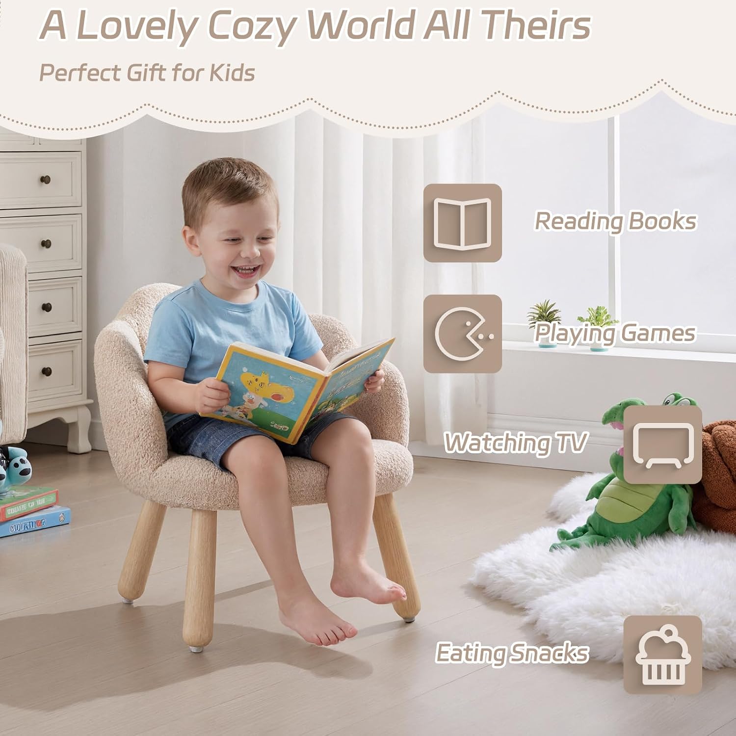 Kid Chair, Toddler Chairs Comfy Sherpa Kids Table Chair, Wood Toddler Couch Sofa, Soft Kid Reading Chair, Boy Girls Desk Chairs for Ages 2-5, Kids Armchair for Bedroom/Nursery/Gifts, Khaki