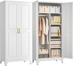 Polup Metal Armoire Wardrobe Closet, 71" Tall White Wardrobe Cabinet with 2 Doors, Hanging Rod and Adjustable Shelves, Steel Clothing Storage Cabinet for Bedroom, Home, Employee, Gym, Office