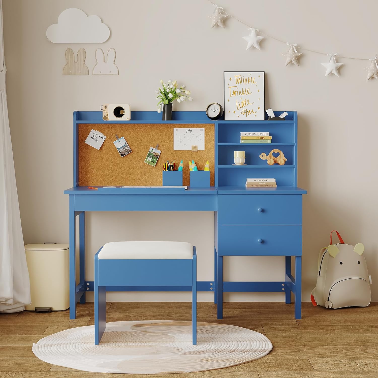Garvee Kids Desk and Chair Set, Wooden Study Table with Adjustable Tilt Desktop, Drawers & Cork Board - Children School Learning Desk Set for Boys & Girls Ages 3-8, Blue