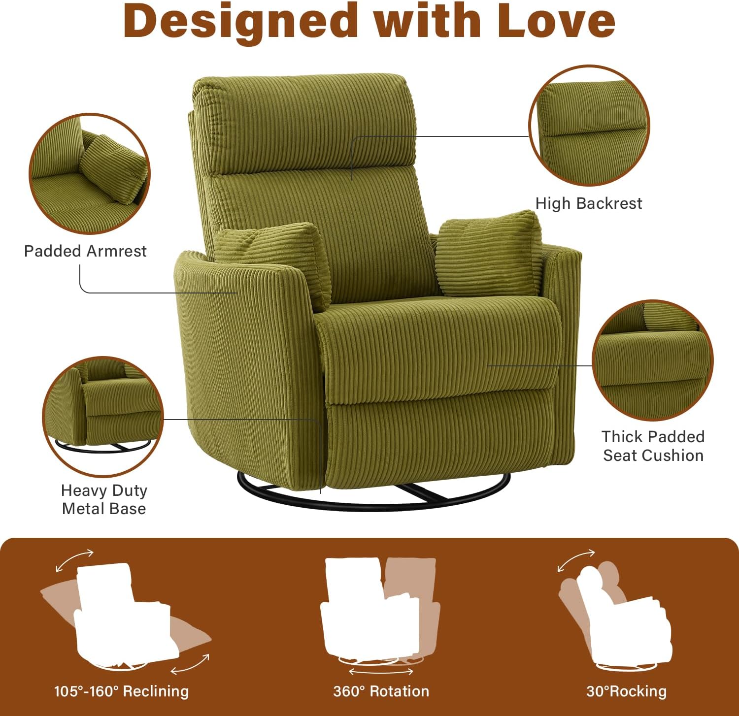 BOSMILLER 360° Swivel Recliner Chair,Nursing Rocking Chair with 2 Pillows for Adutlts,Comfy Rocker Recliners with High Back for Nursery,Living Room,Bedroom
