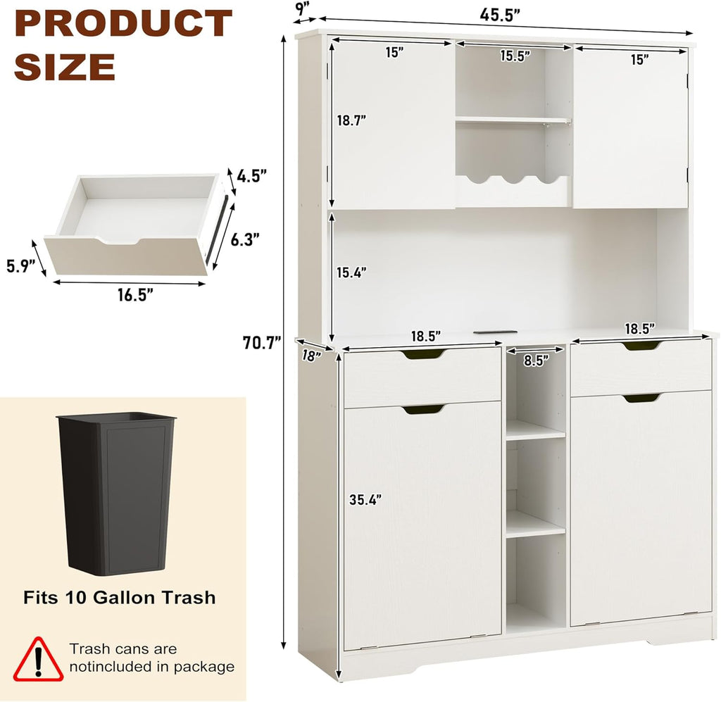 71"H Kitchen Pantry Storage Cabinet with Power Outlets and Two Drawers,10X2 Gallon Kitchen Hidden Double Tilt Out Trash Can Cabinet with Trash Bin Storage Holders,Laundry Hamper Cabinets(White)