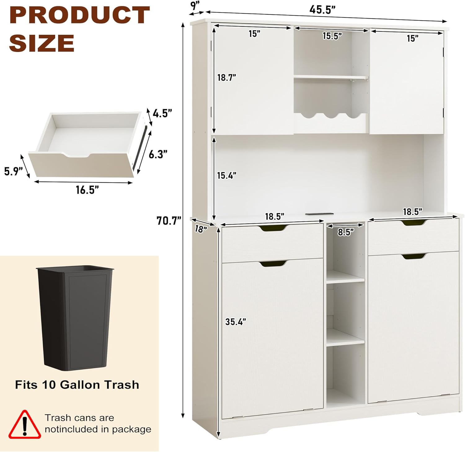 71"H Kitchen Pantry Storage Cabinet with Power Outlets and Two Drawers,10X2 Gallon Kitchen Hidden Double Tilt Out Trash Can Cabinet with Trash Bin Storage Holders,Laundry Hamper Cabinets(White)