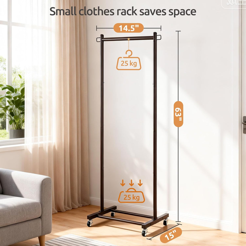 LiaMeE 63 Inch Tall Clothes Rack with Wheels, Heavy Duty Metal Garment Rack with Shoe Shelf, Rolling Clothing Rack Holds 110lbs, Small Space Wardrobe Rack for Bedroom Laundry, Black