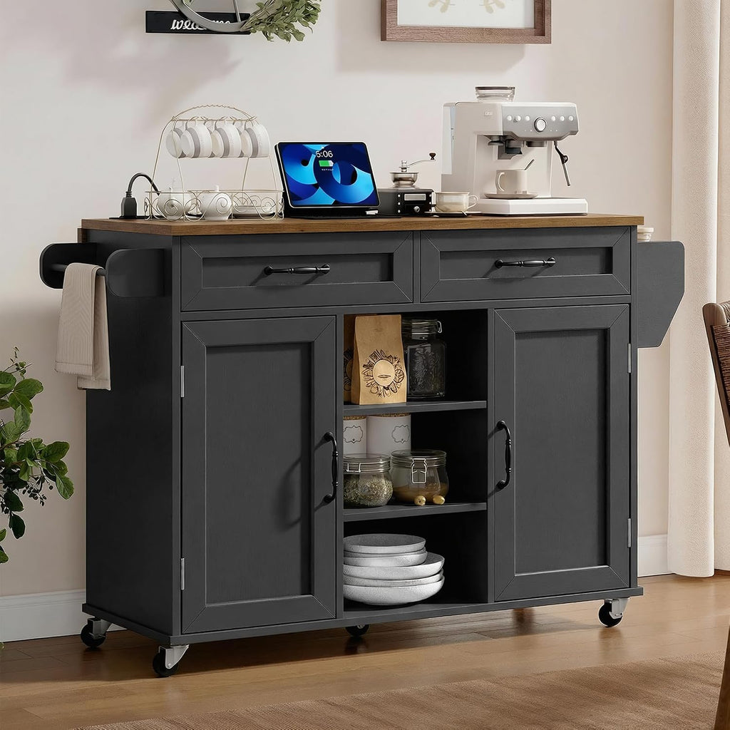 RALGEND Kitchen Island with Power Outlets & Drop Leaf, Kitchen Cart with Storage, Drawer and Spice Rack, Tower Rack, Island Table, Black and Rustic Brown