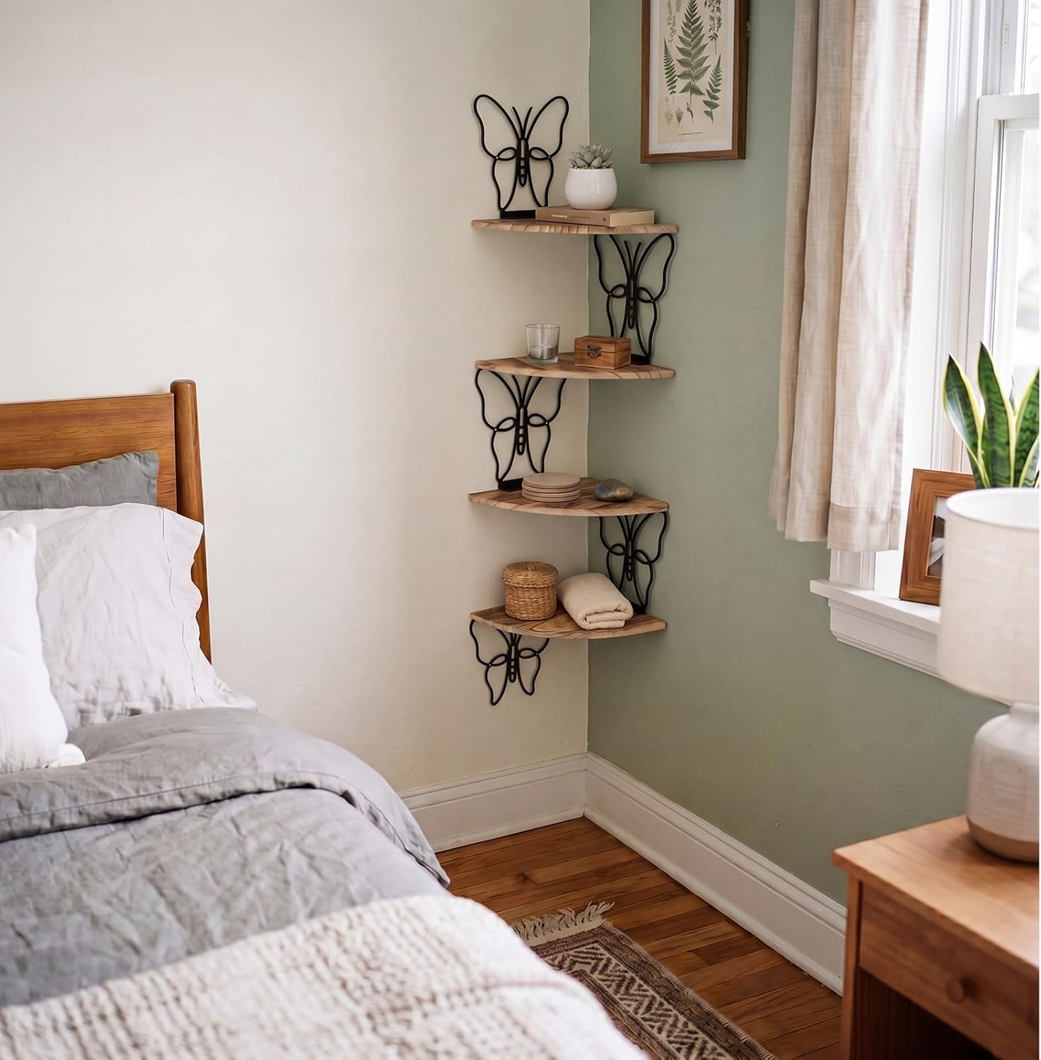 4 Tier Black Butterfly Wall Mount Corner Shelves Floating Corner Storage Wood Shelves Decorative Rustic Butterfly Wall Decor for Bedroom Living Room Bathroom Home Kitchen