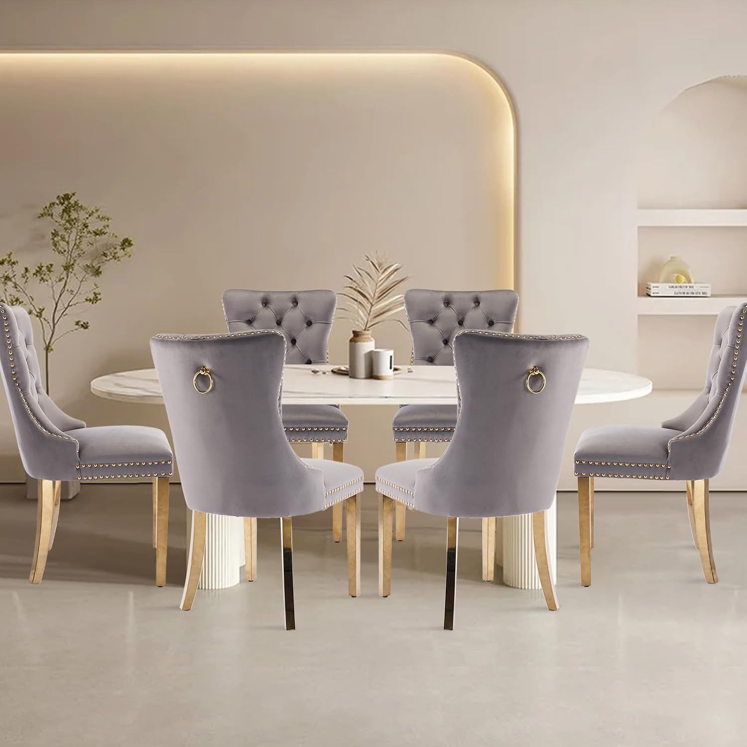 Velvet Upholstered Dining Chairs Set of 8, Modern Style Kitchen Side Chairs with Nailhead Trim and Gold Plated Leg, Metal Pulling Ring for Dining Room Living Room(Grey)