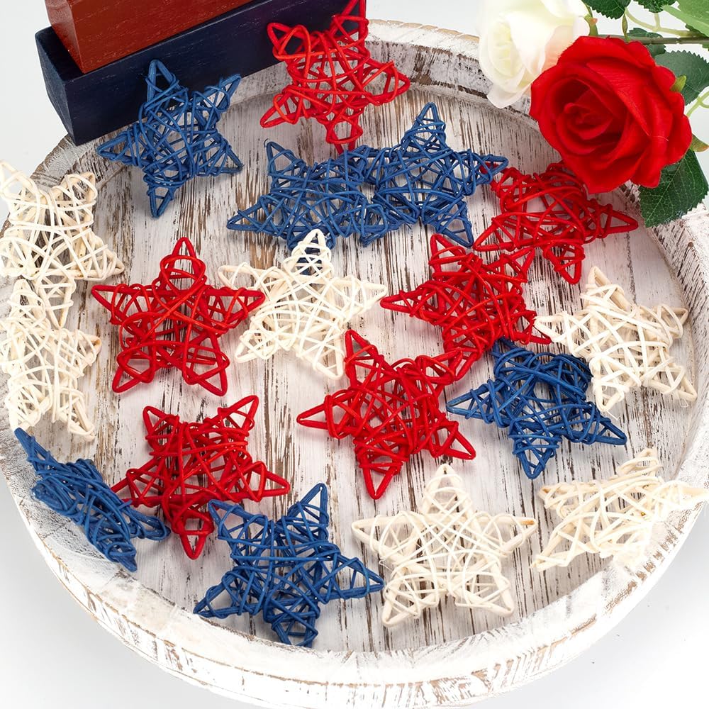 18 Pcs 4th of July Decorations Patriotic Rattan Star Decor Red White and Blue Decorations 3.1 Inch Independence Day Table Decor Party Decorations Vase Bowl Fillers