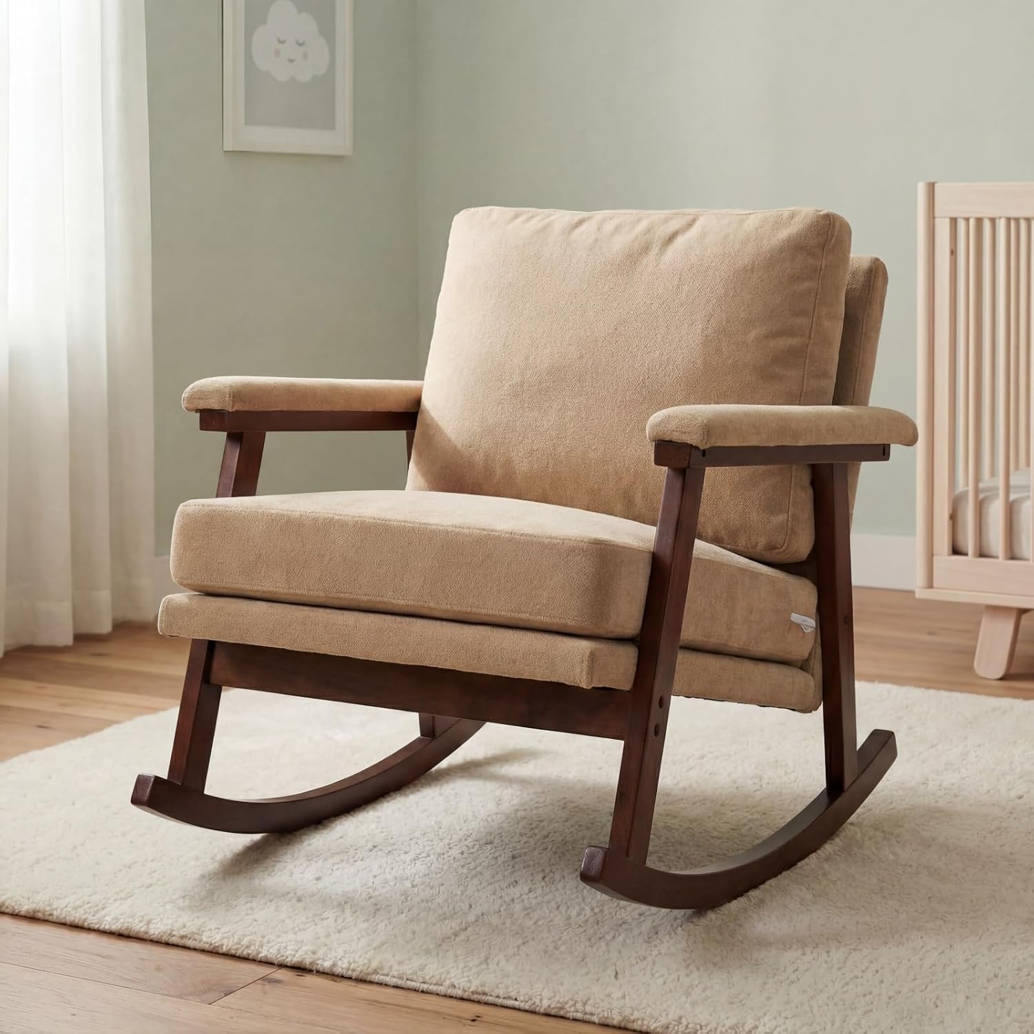 Nursery Rocking Chair, Compact Upholstered Rocker with Solid Wood Legs, Cozy Nursing Glider Chair for Mom, Small Space Chair for Nursery, Bedroom (Khaki)
