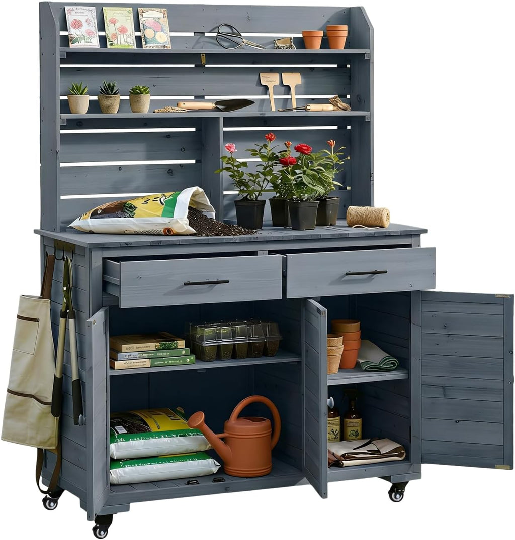 65'H Large Garden Potting Bench with Storage Cabinet, Outdoor Kitchen Island and Grill Cart