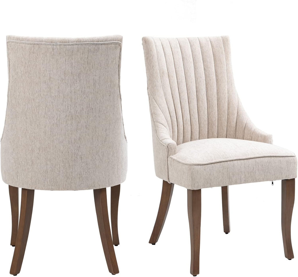 mikibama Linen Beige Dining Chairs Set of 2 Channel Tufted Kitchen Dinner Chair Comfy Fabric Upholstered Accent Chair for Dining Room with Solid Wood Legs