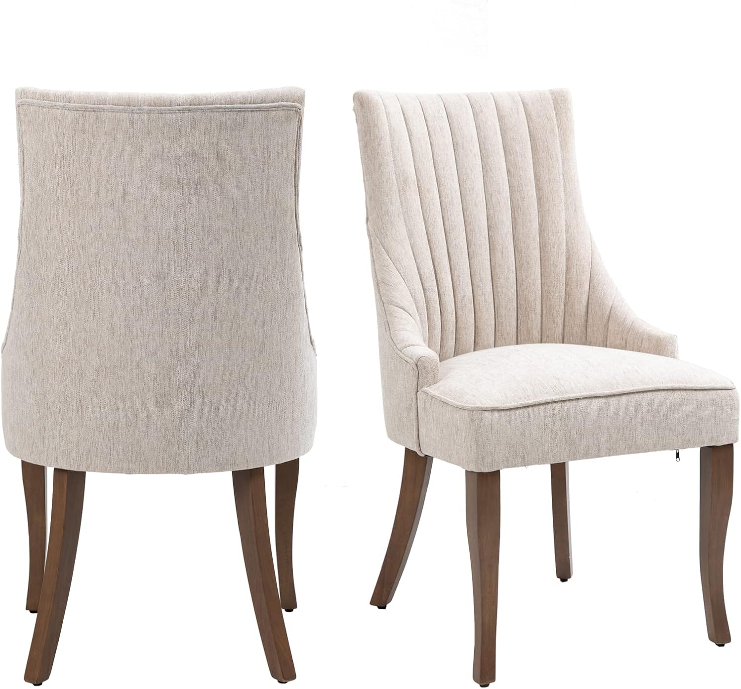 mikibama Linen Beige Dining Chairs Set of 2 Channel Tufted Kitchen Dinner Chair Comfy Fabric Upholstered Accent Chair for Dining Room with Solid Wood Legs