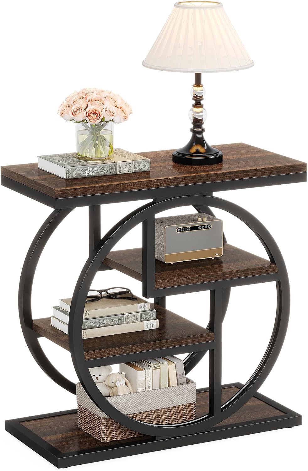 Tribesigns End Table for Living Room, Wooden Narrow Side Table with Storage Shelves & Wide Tabletop, Industrial Geometric Bedside Sofa Tables with Metal Frame for Bedroom, Small Spaces, Rustic Brown