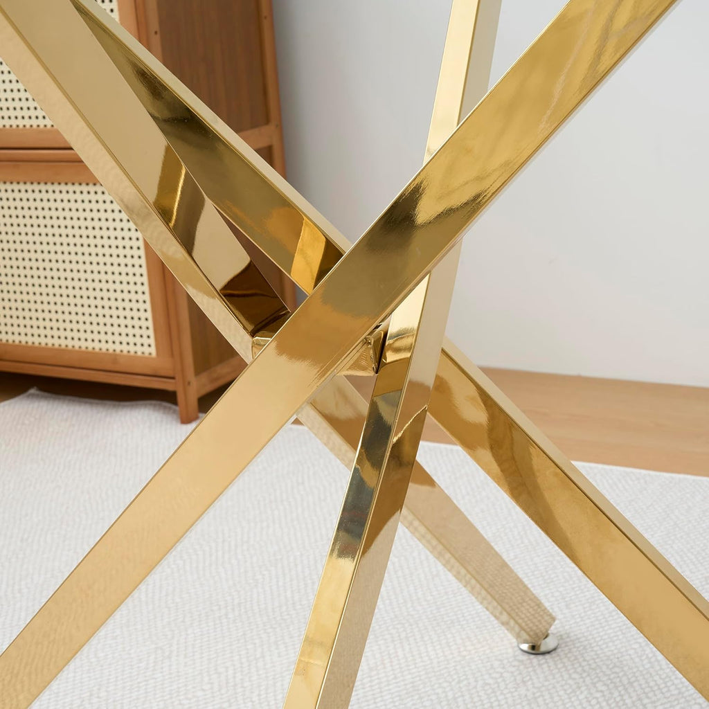 Square Dining Table for 4, 36 Inch Glass Kitchen Table with Gold X Metal Legs, Modern Tempered Glass Dinner Room Table for Small Space Dining Room Kitchen Restaurant