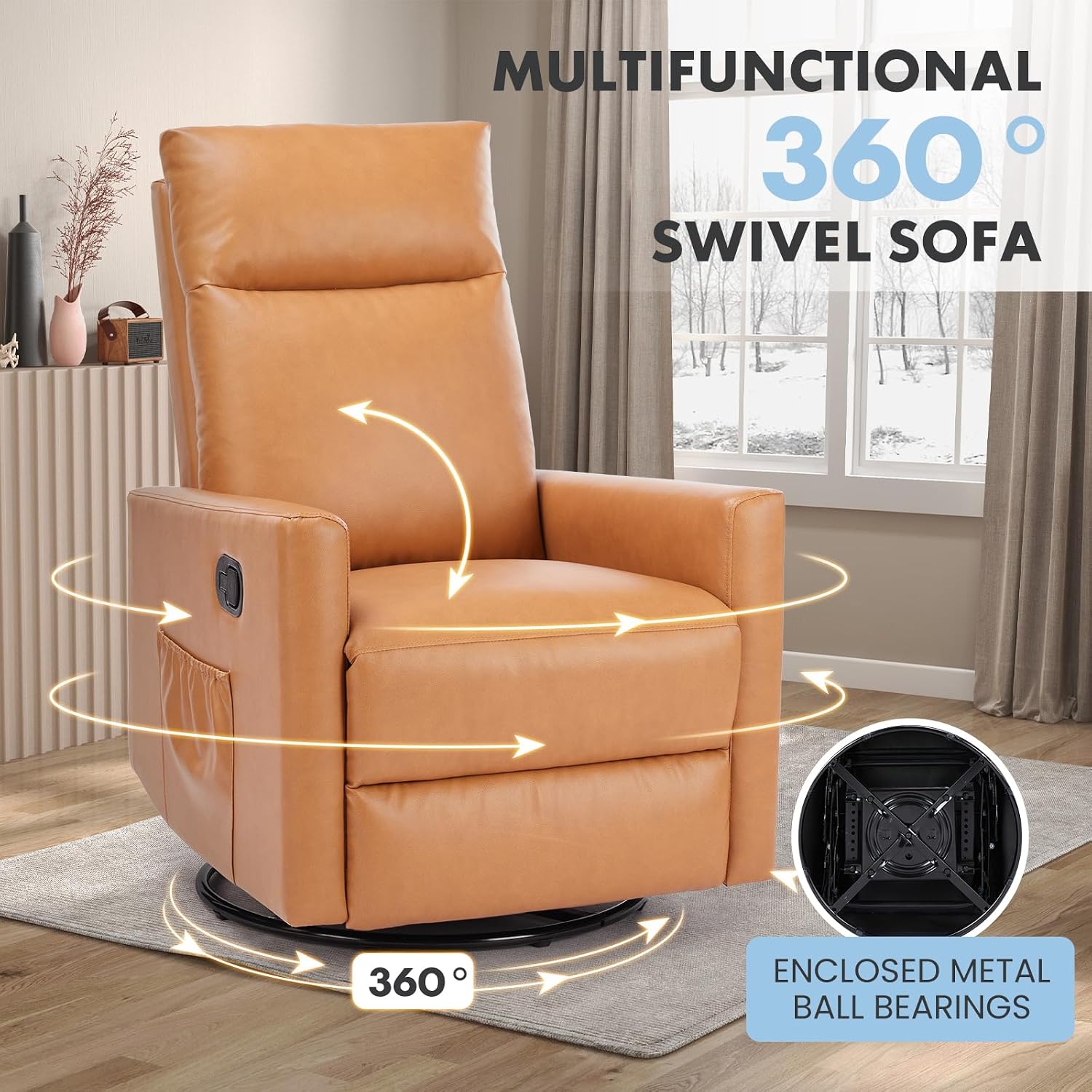 Swivel Rocker Recliner Chair, 360 Degree Glider with High Backrest & Padded Armrests, Manual Rocking Recliner for Nursery, Living Room, Bedroom, Small Spaces, Brown-v