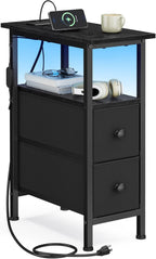 SONGMICS Side Table, Nightstand with Charging Station, End Table with LED Lighting, 2 Drawers, for Living Room, Bedroom, Ink Black, BELLAH Collection ULGS002B101