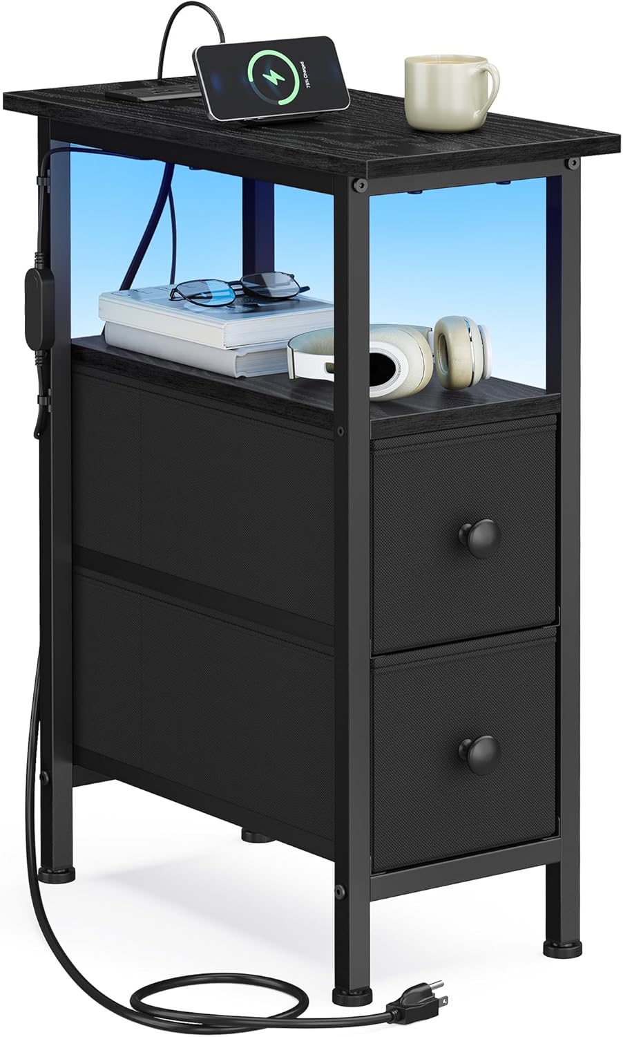 SONGMICS Side Table, Nightstand with Charging Station, End Table with LED Lighting, 2 Drawers, for Living Room, Bedroom, Ink Black, BELLAH Collection ULGS002B101
