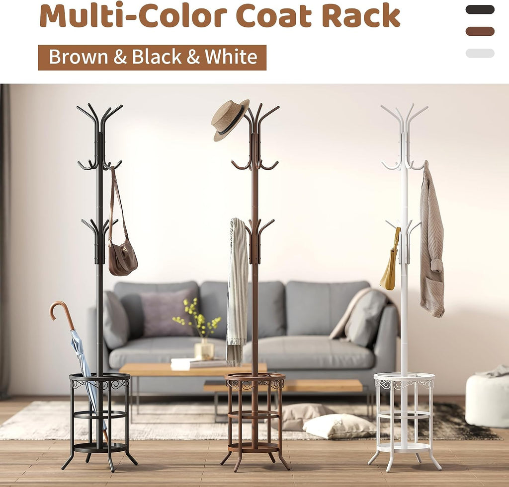 Coat Rack Freestanding with Umbrella Stand Coat Rack Stand with 12 Hooks Metal Coat Tree Coat and Hat Hanger Jacket Entryway(Black)