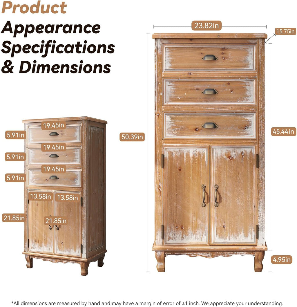 Rustic Tall Storage Cabinet - Distressed Solid Wood Frame Accent Cabinet with Textured Drawer Fronts, 3 Drawers & 2 Doors, Farmhouse Freestanding Floor Cabinet for Entryway, Living Room, Hallway