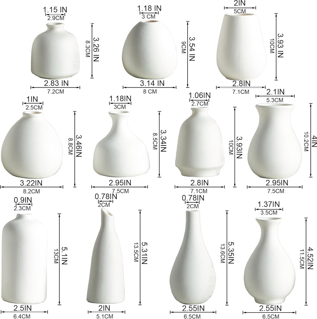 Tanvecle White Ceramic Bud Vase Set of 11, Small Vases for Pampas Grass, Flowers, Mini Vases for Modern Home Decor, Minimalist Decor, for Living Room, Dining Table & Shelves