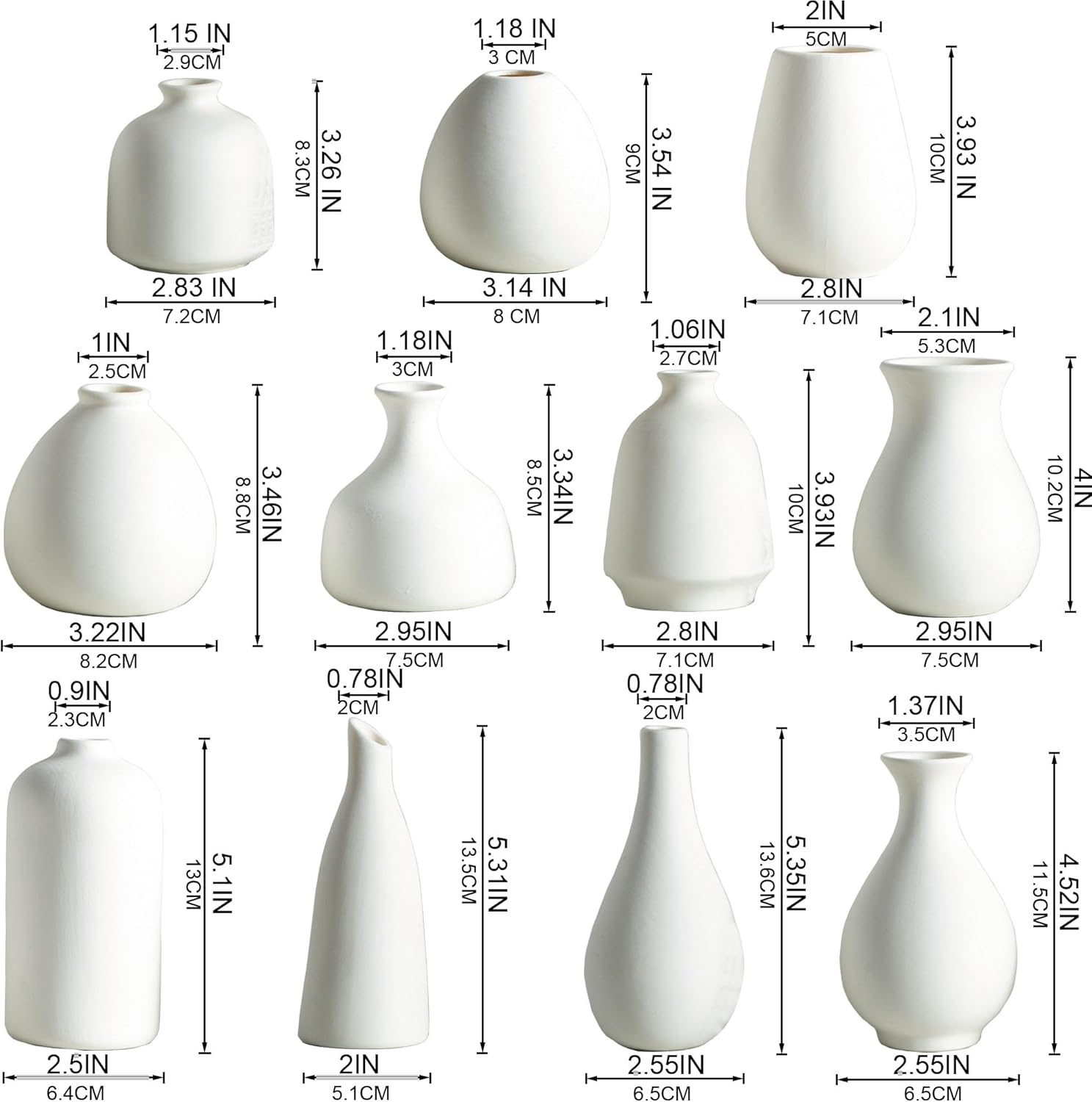Tanvecle White Ceramic Bud Vase Set of 11, Small Vases for Pampas Grass, Flowers, Mini Vases for Modern Home Decor, Minimalist Decor, for Living Room, Dining Table & Shelves
