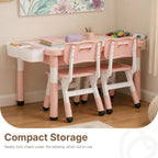 4 in 1 Kids Table and 2 Chairs Set, Reversible Tabletop, Pink | Double-Sided Graffiti/Block Building Tabletop, Adjustable Height, Under-Table Storage, 4 Storage Bins, Toddler Activity Desk