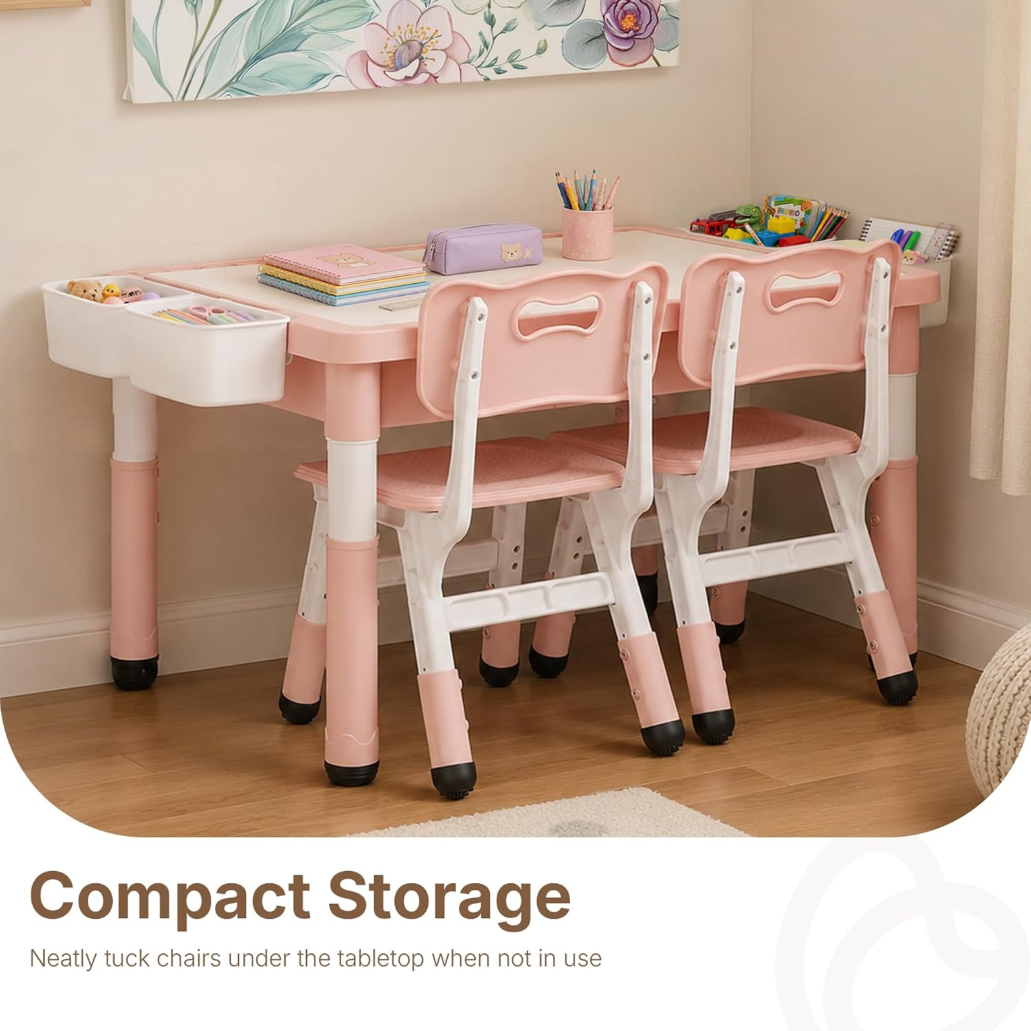 4 in 1 Kids Table and 2 Chairs Set, Reversible Tabletop, Pink | Double-Sided Graffiti/Block Building Tabletop, Adjustable Height, Under-Table Storage, 4 Storage Bins, Toddler Activity Desk