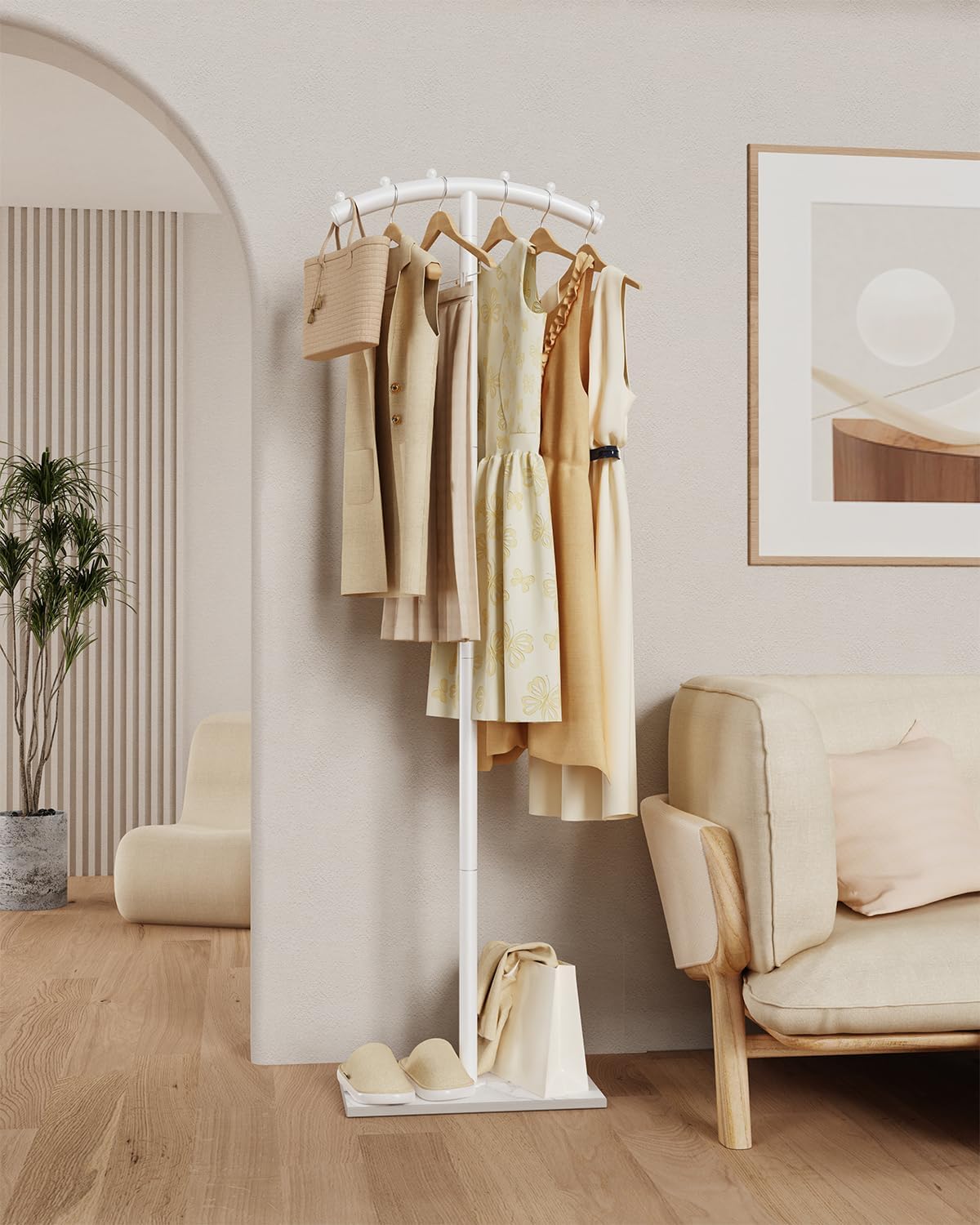 Freestanding Metal Clothes Rack with Natural Rock Base,68.9in,White | T-shaped Coat Hangers with Anti Slip Knots,Easy to Clean Garment Racks for Home,Durable Clothing Trees for Office