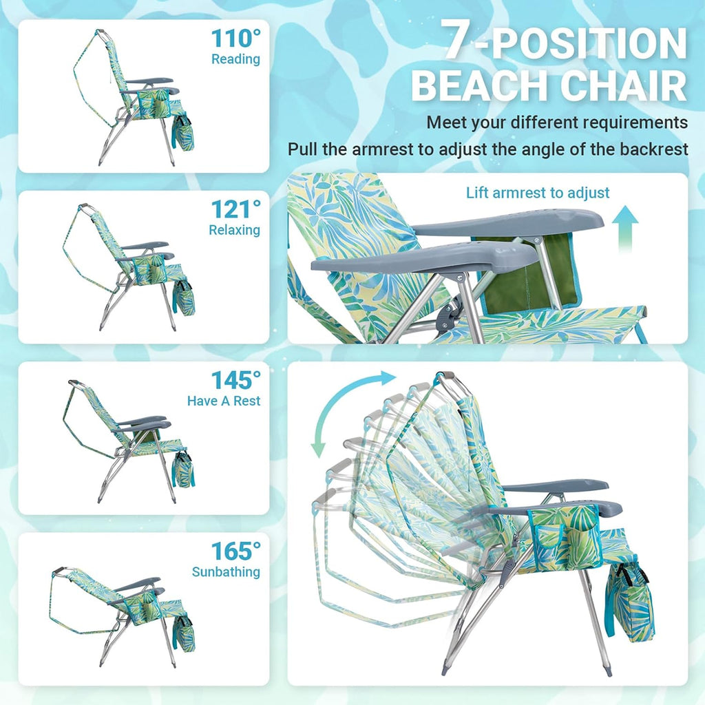 Portable Beach Chair for Adults, Lightweight Folding Lawn Chair with Cup Holder, Headrest, Side Pocket and Bottom Storage Bag, Camping Gear for Picnic Patio Sporting Events, 260 lbs, Green & Blue