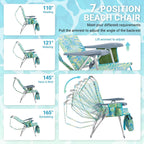 Portable Beach Chair for Adults, Lightweight Folding Lawn Chair with Cup Holder, Headrest, Side Pocket and Bottom Storage Bag, Camping Gear for Picnic Patio Sporting Events, 260 lbs, Green & Blue