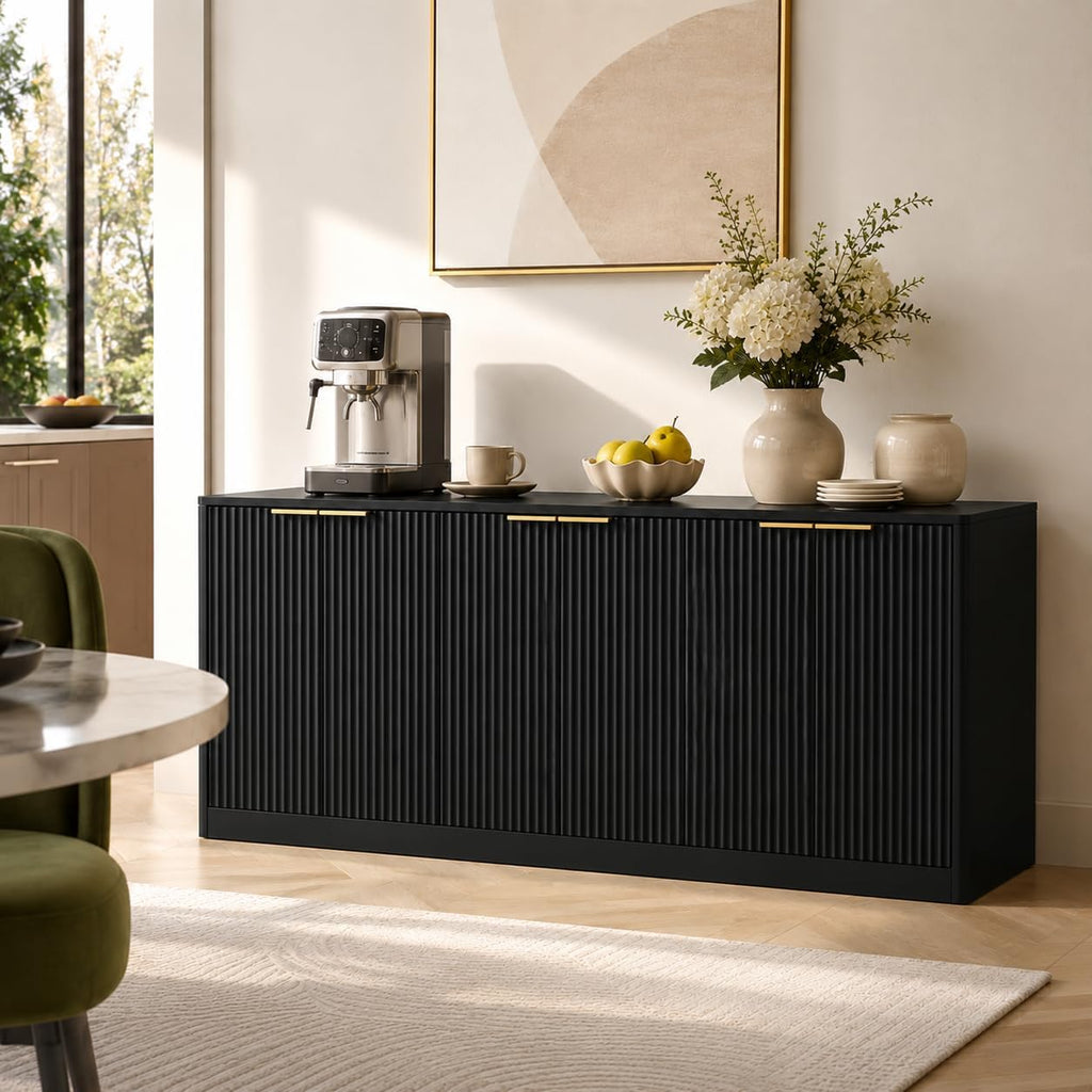 Fluted Sideboard Buffet Cabinet, 67" Credenza Storage Cabinet with 6 Doors,Media Console Table for Living Room Kitchen Entryway,Anti-Tip (Black)