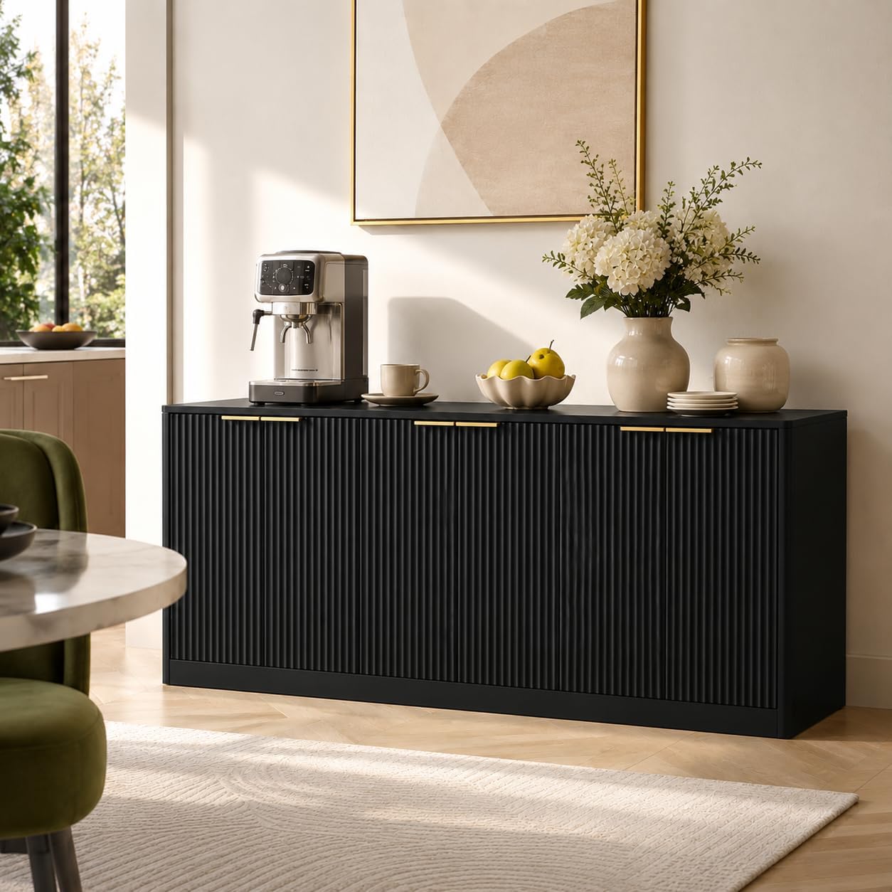 Fluted Sideboard Buffet Cabinet, 67" Credenza Storage Cabinet with 6 Doors,Media Console Table for Living Room Kitchen Entryway,Anti-Tip (Black)