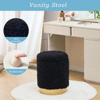 Velvet Storage Ottoman Multipurpose Footrest Stool with Metal Base Modern Round Vanity Stool Chair Ottoman Foot Stools Support 300 lbs Padded Seat for Living Room (Black-Long Wool)