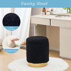 Storage Ottoman,Metal Base Vanity Stool Chair,Modern Round Footstool with Soft Padded Seat,Multipurpose Sofa Table or Plant Stand for Hallway,Living Room and Lounge (Black-Long Wool)