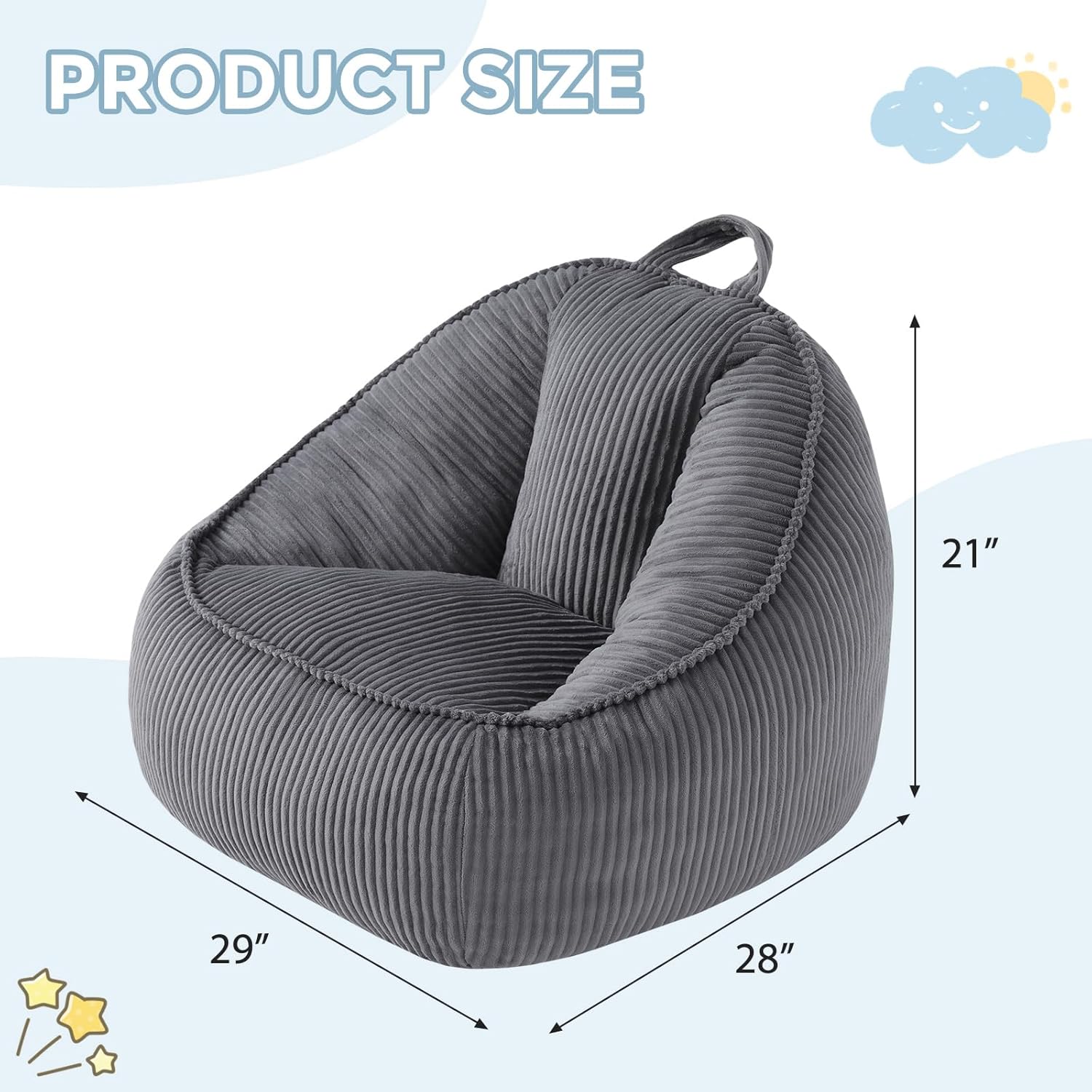 HUGHEAVEN Bean Bag Chair for Kids, Small Kids Bean Bag Chair, Cozy Reading Chair & Stuffed Floor Sofa, Soft Bean Bag Seat for Boys and Girls, Floor Chair for Gaming, Reading, Lounging & TV, Grey
