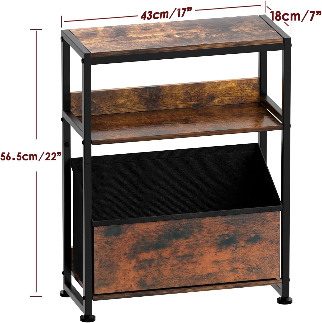 Seydrey 3 Tier End Table with Fabric Drawer, Small Side Table for Small Space, Sofa Table with Storage Shelf for Living Room, Bedroom, Black (Brown)