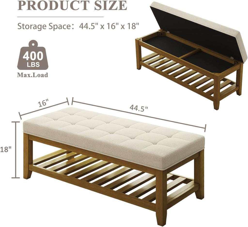 Befurtori Large Rectangular Upholstered Ottoman Bench, Linen Tufted Footrest Ottoman with Solid Wood Shelf Storage Coffee Table for Bedroom Living Room, Ivory