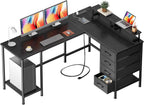 Korfile 59 inch L Shaped Computer Desk with Power Outlets, Home Office Desk with 4 Adjustable Storage Drawers & 2 Monitor Stands, Two Person Gaming Table for Bedroom, Black