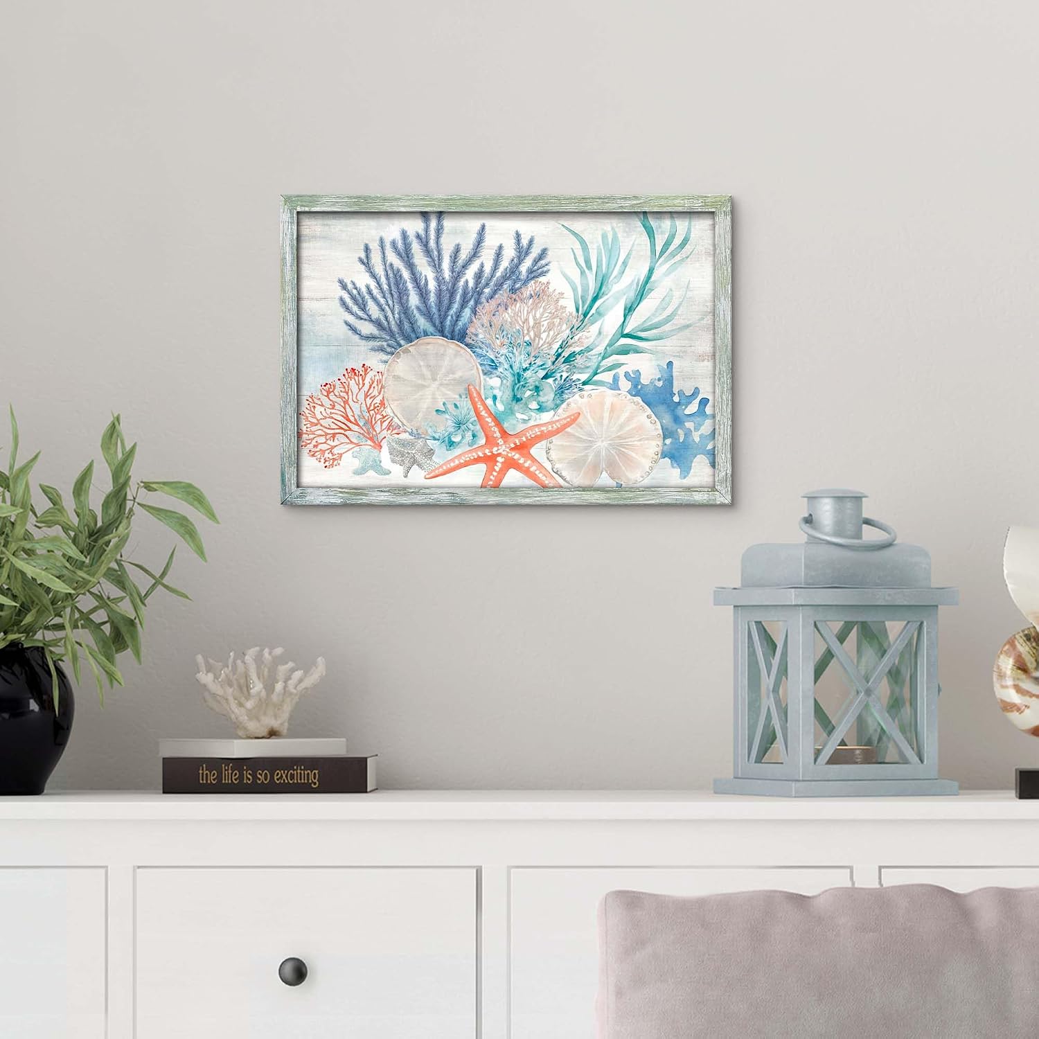 Sea Framed Wall Art Decor: Vintage Starfish Picture Colorful Ocean Coral Painting Undersea Seagrass Prints Green Marine life Artwork for Bathroom