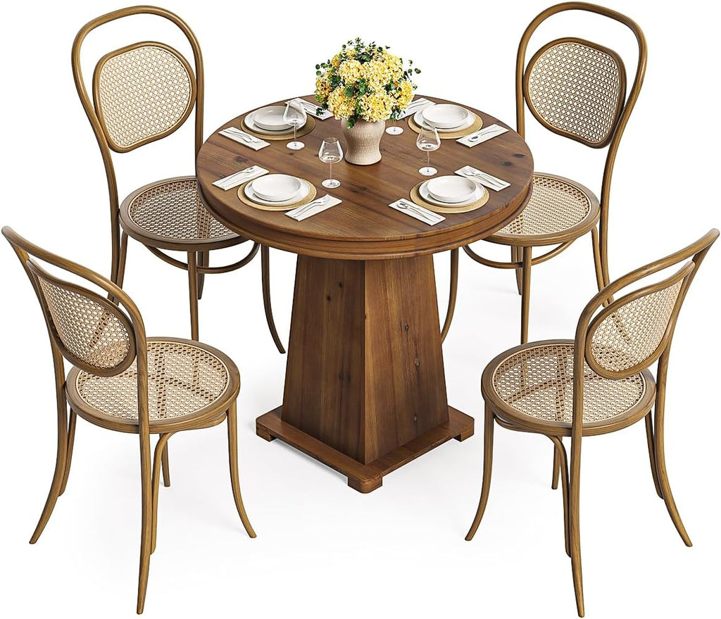 LITTLE TREE Solid Wood Round Dining Table, 31.5" Small Kitchen Table for 2, Modern Farmhouse Dinner Table for Dining Room, Kitchen, Living Room, Artistic Geometric Base, Table Only (Rustic Brown) 2PCS