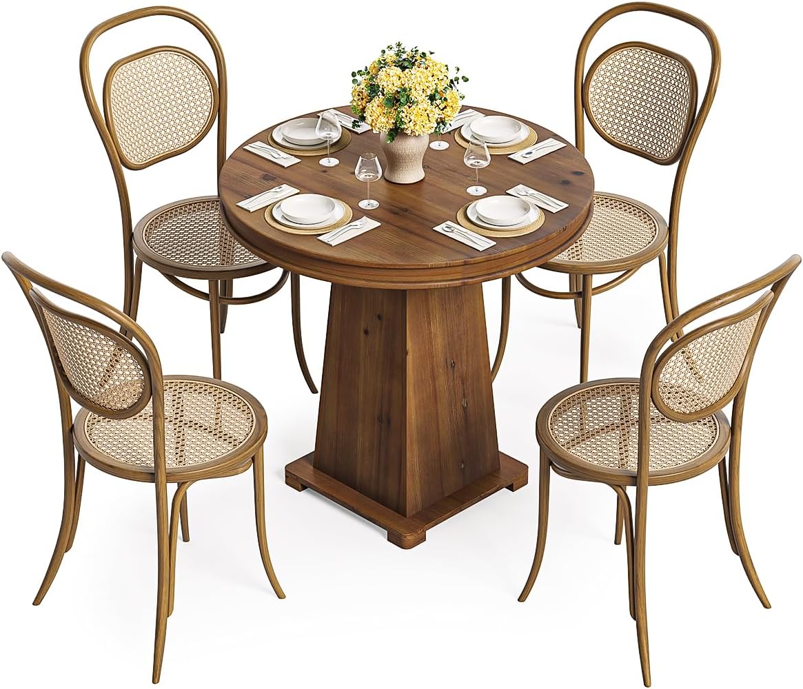 LITTLE TREE Solid Wood Round Dining Table, 31.5" Small Kitchen Table for 2, Modern Farmhouse Dinner Table for Dining Room, Kitchen, Living Room, Artistic Geometric Base, Table Only (Rustic Brown) 2PCS