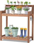 ONBRILL HDPS Potting Bench, All Weather Potting Table with 8 Hooks and Highten Tabletop, Easy Assembly Garden Work Bench, Outdoor Potting Benches for Outside Patio Lawn, 360LBS Capacity, Teak