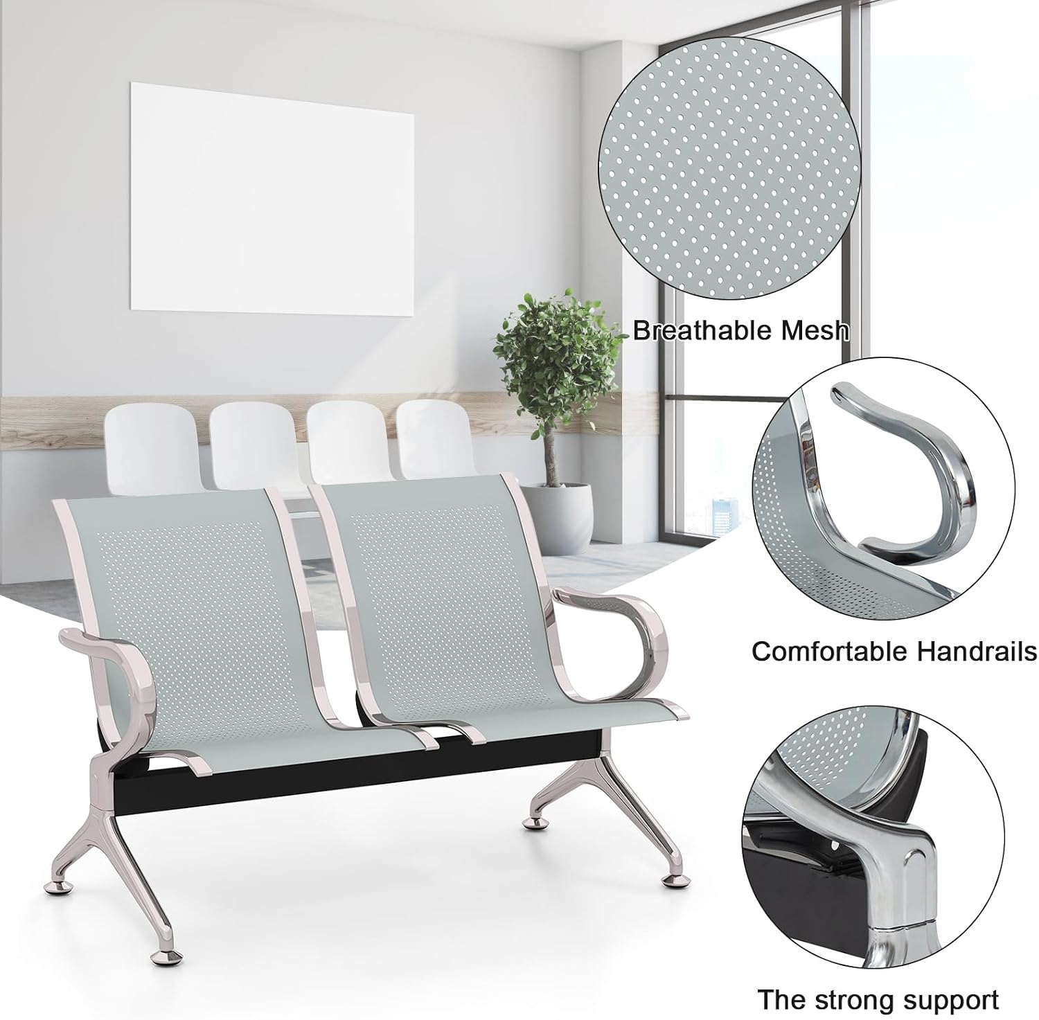 Peach Tree Airport Reception Waiting Room Chair with Arms for Reception Room, Office, Barber Bench in Bank Hospital and Market (2 Seats, Silver)