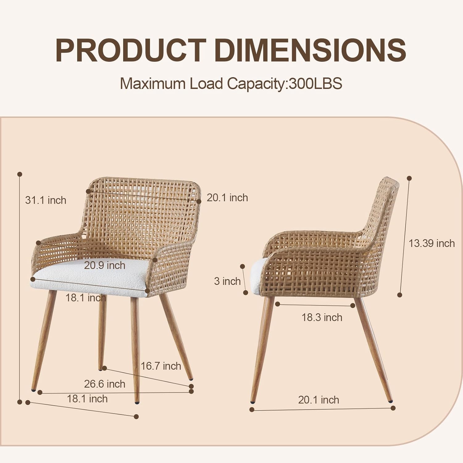 Rattan Dining Chairs Set of 4,Farmhouse PE Rattan Kitchen Chair with Upholstered Cushion and Metal Legs for Home,Kitchen,Brown
