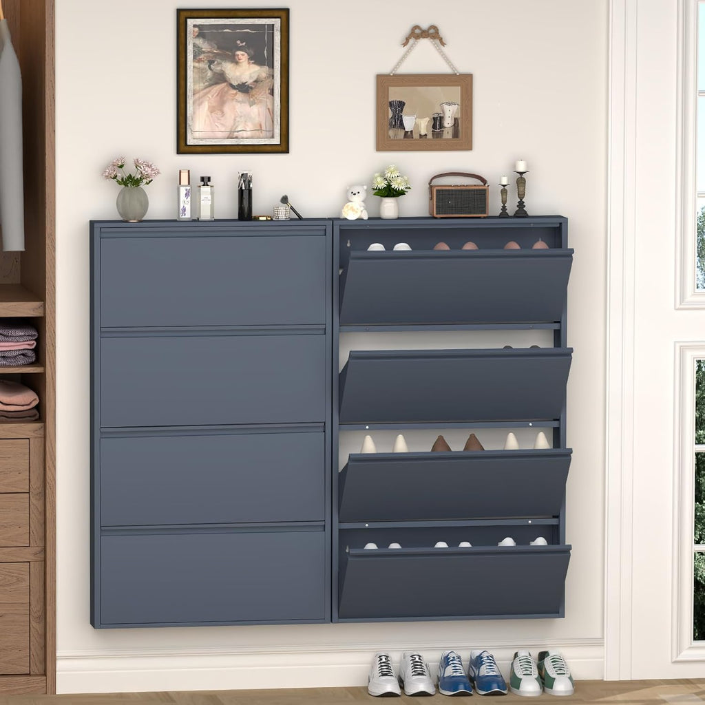 GREATMEET Shoe Cabinet with 4 Flip Drawers, Slim Metal Shoe Cabinet Storage for Entryway, Hidden Narrow Shoe Rack Organizer Cabinets Wall Mount for Living Room, Bedroom, Hallway, Blue