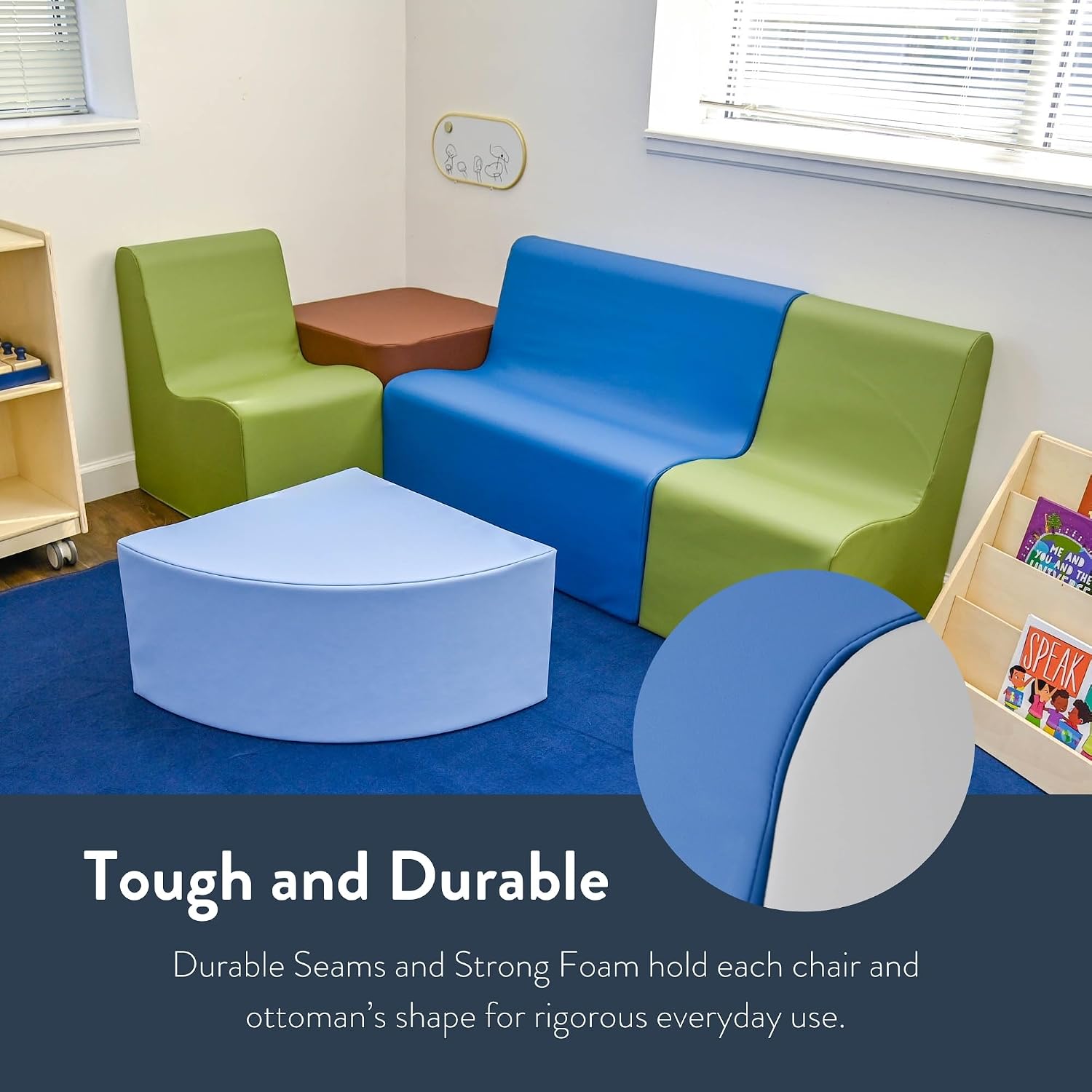 Children's Factory Medium Contour Sofa, Mix-and-Match Kids Chairs, Sofas, Corner Ottomans and Cubes, Foam-Filled and Water-Resistant, Flexible Seating for Classroom Elementary, Deep Water Kids Couch